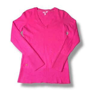 Lilly Pulitzer Pink 100% Cashmere V-Neck Sweater Green Palm Logo Medium